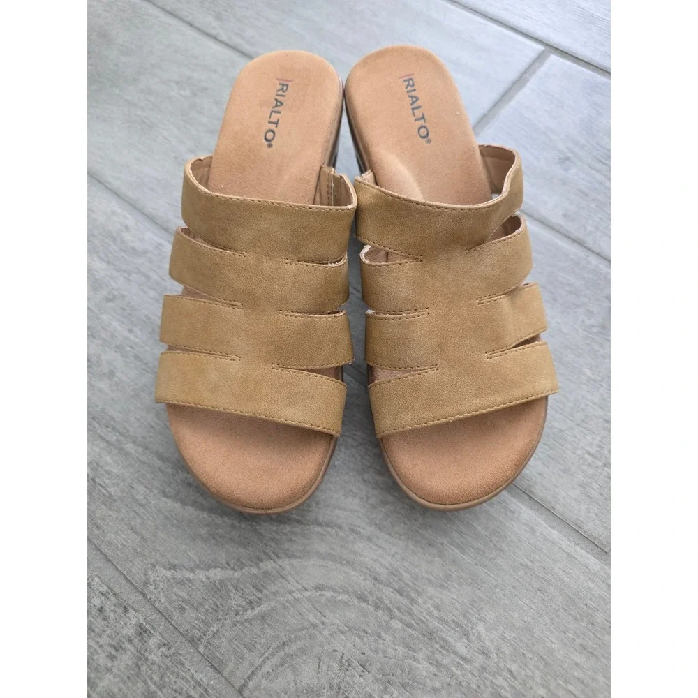 Rialto Valora Women's Comfort Wedge Sandals Slides Mules Tan Size 9‎